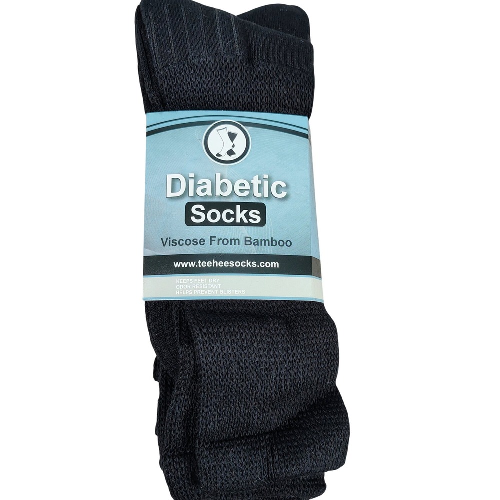 NWT TeeHee Mens SZ 10-13 Diabetic Crew Socks Black Bamboo Viscose 3-Pack Health